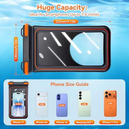 Waterproof Phone Pouch, IPX8 Floating Case up to 7.1" | Touchscreen TPU Window, 4-Chamber Airbag, for iPhone 17/16/15 Pro Max, Samsung S25/S24 Ultra, Beach, Cruise & Kayak - color: BLACK 1PACK