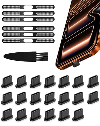 USB C Dust Plug Port Cover Protectors 20 PCS with Phone Speaker Cover Bumper Stickers 6 PCS Compatible for iPhone 17 Pro Max with Cleaning Brush - Black Silicone and Metal Mesh Accessories - size: for iPhone 17 Pro Max
