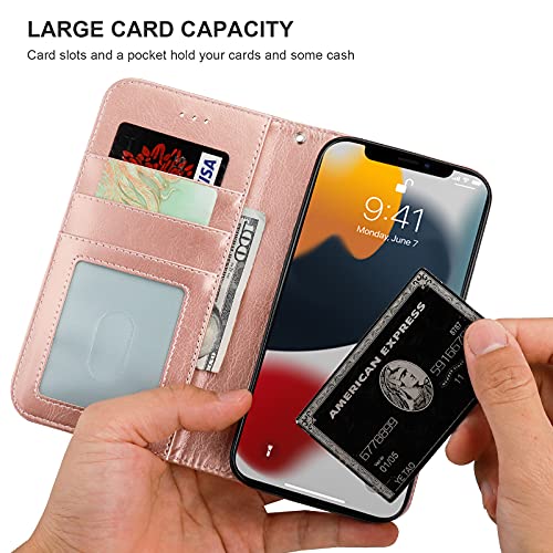 Bocasal Detachable Wallet Case Card Holder for iPhone 13, Rose Gold | RFID Blocking Kickstand Card Slots Holder PU Leather Magnetic Shockproof Wrist Strap Removable Flip Protective Cover 6.1 inch - color: Rose Gold