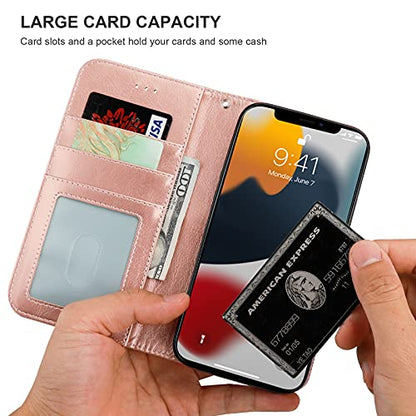 Bocasal Detachable Wallet Case Card Holder for iPhone 13, Rose Gold | RFID Blocking Kickstand Card Slots Holder PU Leather Magnetic Shockproof Wrist Strap Removable Flip Protective Cover 6.1 inch - color: Rose Gold