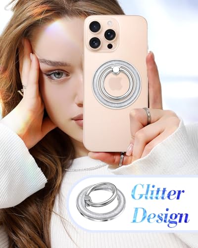 Phone Ring Holder Compatible with MagSafe - Magnetic Cell Phone Grip Women Glitter Magnet Removable Finger Ring Grip Stand Cute Girly Sparkly for iPhone 17 16 15 14 13 Pro Max Plus Air, Silver