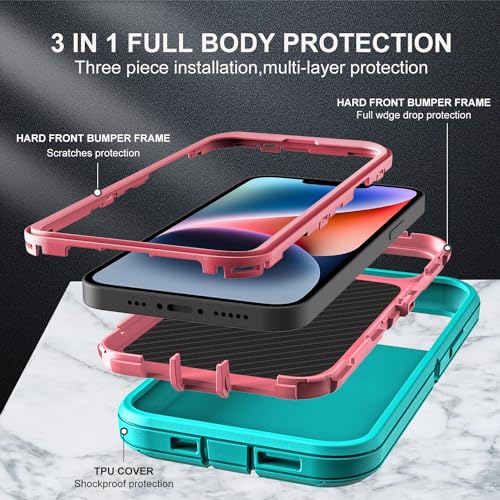 YKHJKLEC for iPhone 13 Case/iPhone 14 Case, Military Grade 3 in 1 Heavy Duty Shockproof/Drop Proof/Dust Proof Case with 2Pcs Tempered Glass Screen Protector (Aqua Blue/Pink) - color: Aqua Blue/Pink