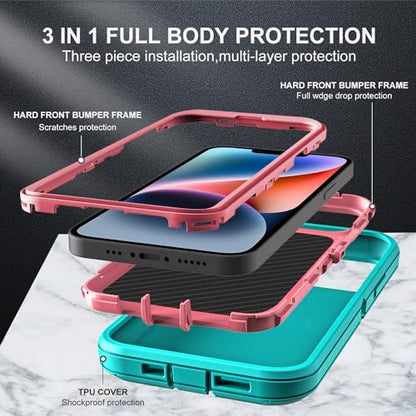YKHJKLEC for iPhone 13 Case/iPhone 14 Case, Military Grade 3 in 1 Heavy Duty Shockproof/Drop Proof/Dust Proof Case with 2Pcs Tempered Glass Screen Protector (Aqua Blue/Pink) - color: Aqua Blue/Pink
