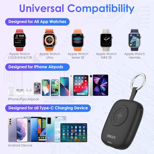 Small Portable Charger 5000mAh,iWatch Wireless Charger Mini Power Bank with Built-in Cable,Travel Keychain Charger for Apple Watch 11/10/9/8/Ultra/7/6/Se/5/4,iPhone 17/16/15/14/13/12,Android Phone - color: Black