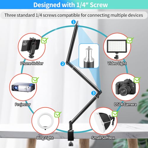 Heavy Duty Overhead Camera Desk Mount Stand 14.5"-41" with 1/4" Screw, 3-Section 360°Rotatable Detachable Articulating Boom Arm with Enlarged Handle C Clamp, Tabletop Light Stand for Streaming Vlog - color: MS05