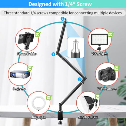Heavy Duty Overhead Camera Desk Mount Stand 14.5"-41" with 1/4" Screw, 3-Section 360°Rotatable Detachable Articulating Boom Arm with Enlarged Handle C Clamp, Tabletop Light Stand for Streaming Vlog - color: MS05