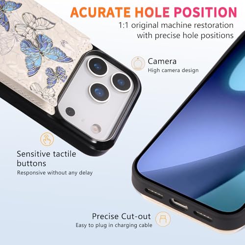 UEEBAI Wallet Case for iPhone 17 Pro Max with Card Holders, PU Leather Floral Cover Kickstand RFID Blocking Double Magnetic Clasp Rilievo Flower Flip Case for Women Girls - Blue Butterfly | PU Leather Cover, Kickstand, RFID Blocking, Double Magnetic Clasp