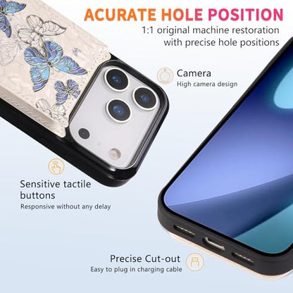 UEEBAI Wallet Case for iPhone 17 Pro Max with Card Holders, PU Leather Floral Cover Kickstand RFID Blocking Double Magnetic Clasp Rilievo Flower Flip Case for Women Girls - Blue Butterfly | PU Leather Cover, Kickstand, RFID Blocking, Double Magnetic Clasp