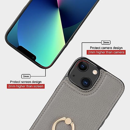 Folosu Compatible with iPhone 13 Case Wallet with Card Holder, 360°Rotation Finger Ring Holder Kickstand Protective RFID Blocking PU Leather Double Buttons Flip Shockproof Cover 6.1 Inch Gray - color: Gray