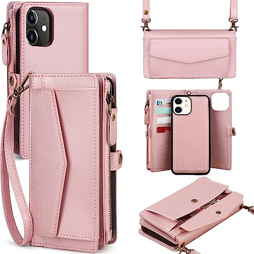 for iPhone 11 Wallet Case for Women, Support Wireless Charging with RFID Blocking Card Holder, Leather Zipper Detachable Magnetic Phone Case with Crossbody Strap Lanyard, Pink