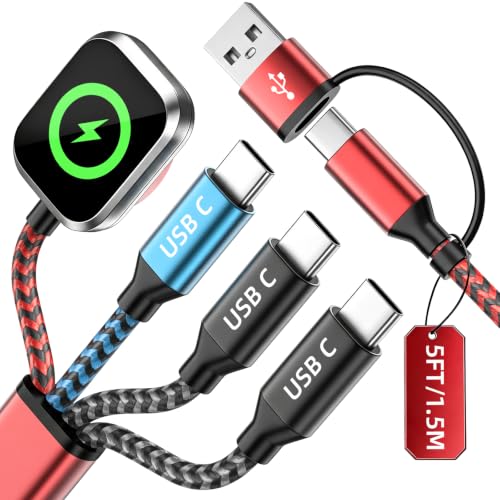 Travel Essentials Triple USB C 4in2 Multi Charging Cable for iWatch Charger - color: Red&Black&Sky Blue, size: AC to 2C+L+iWatch