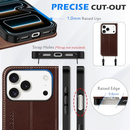 SHIELDON Genunine Leather Case Wallet for iPhone 17 Pro 6.3", Retro Coffee | Flip Magnetic Cover, Kickstand, RFID Blocking, 3 Credit Card Holder, Book Design, Shockproof, Soft Inner Phone Case - color: Retro Coffee