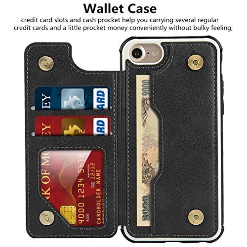 iCoverCase Compatible with iPhone SE(2022)/SE(2020)/7/8/6/6s Wallet Case with Card Slots Holder and Wrist Strap Premium PU Leather Kickstand Magnetic Clasp Shockproof Flip Cover Case (Black) - color: Black
