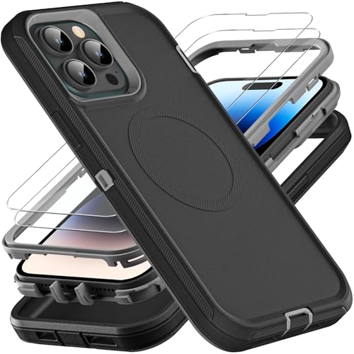 YKHJKLEC for iPhone 14 Pro Case, Compatible with Magsafe, Military Grade 3 in 1 Heavy Duty Shockproof/Drop Proof/Dust Proof Case with 2Pcs Tempered Glass Screen Protector (New-Black/Grey) - color: New-Black/Grey