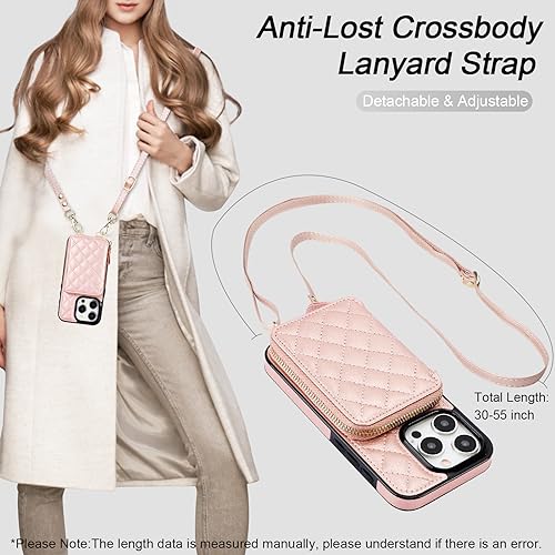 Bocasal Crossbody Wallet Case Card Holder for iPhone 15 Pro, Rose Gold | RFID Blocking PU Leather Zipper Handbag Purse, Kickstand Flip Folio Case with Card Slots Holder Wrist Strap Lanyard 6.1 Inch - color: Rose Gold
