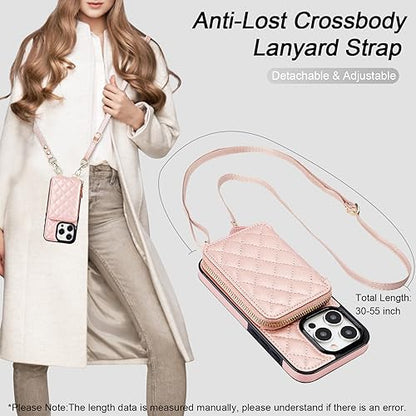 Bocasal Crossbody Wallet Case Card Holder for iPhone 15 Pro, Rose Gold | RFID Blocking PU Leather Zipper Handbag Purse, Kickstand Flip Folio Case with Card Slots Holder Wrist Strap Lanyard 6.1 Inch - color: Rose Gold