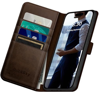 DuckSky Compatible with iPhone 17 Pro Max 6.9" Genuine Leather Wallet case【RFID Blocking】【4 Credit Card Holder】【Real Leather】 Flip Phone case Cover Women Men for Apple 17 Pro Max case Brown - color: Brown