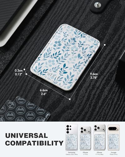 VULKIT Stick on Card Holder Compatible for iphone Leather Cell Phone Wallet Credit Card Case Strong Sticker for Women - color: Blue -Floral