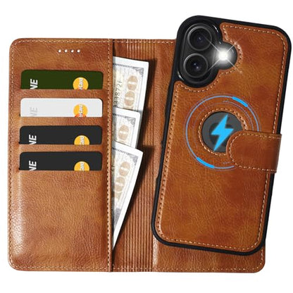2 in 1 PU Leather for iPhone 16 Plus Case, Detachable Wallet Case with Card Holder, Removable Flip Folio Cover with RFID Blocking, Stand Shockproof Phone Cover（Compatible with MagSafe） Brown - color: Brown, size: Iphone 16 plus