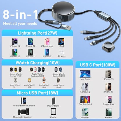 Retractable Travel Multi Charging Cable for Apple Watch Charger, 100W 4 in 2 Retractable Car Charger with Apple Watch, USB-C, Lightning & Micro USB, Multi Charging Cord for iWatch Series/iPhone/iPad
