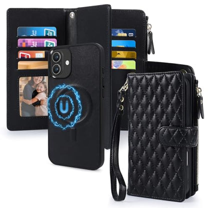 Harryshell 2 in 1 for iPhone 17 6.3 inch Wallet Case Magnetic Compatible with Magsafe RFID Blocking Card Holder Detachable Phone Cover Zipper Purse Kickstand Wrist Strap Men WomenQuilted Black - color: Quilted Black, size: iPhone 17