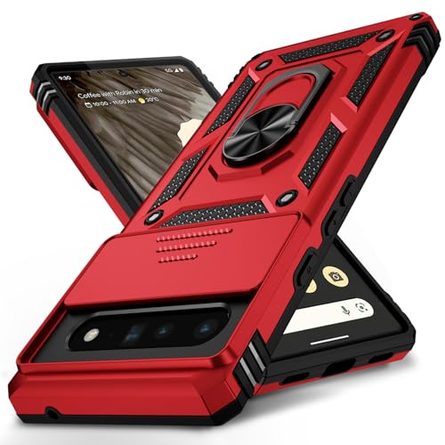 Vinve for Google Pixel 6 Pro Case with Slide Lens Cover, Military Grade Drop Protection, Magnetic Rotated Ring Holder Kickstand Protective Phone Case (Red) - color: Red ,Military Grade 2nd gen.