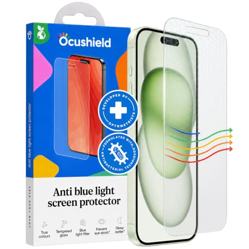 Ocushield Anti Blue Light Tempered Glass Screen Protector of iPhone 15 Plus (6.7") – Blocks Blue Light, Prevents Eye Strain & Helps You Sleep Better, 9H Hardness & Case Friendly | Fits 6.7 inch display. 9H tempered glass blocks UV & blue light. Anti-bacte