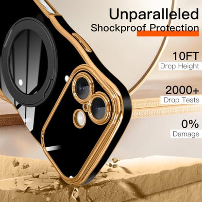 tharlet for iPhone 17 Case Black with 360° Spin Magnetic Stand | Cute Luxury Plating Gold Curly Wave Edge, [Compatible with Magsafe] Full Camera Lens Protection ,Women Girl daily matching - color: Black Curly Edge, size: iPhone 17