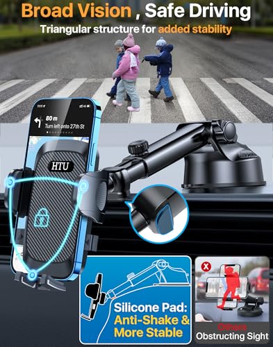HTU Car Phone Holder【2026 Upgraded 100+LBS Suction & Safety Cert】 Cell Phone Car Mount for Truck Heavy Duty Phone Holder for Dashboard/Windshield/Vent for iPhone 17 16 Pro Max, Dark Black - color: Dark Black