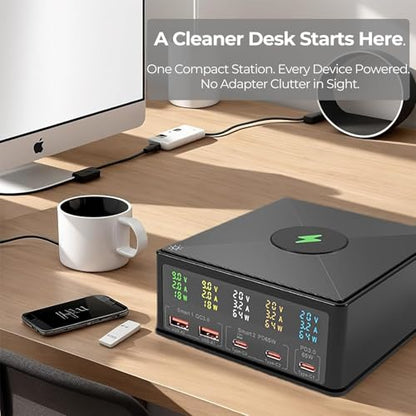 160W Desktop Charger Station with Wireless Charging Pad & Per-Port Display
