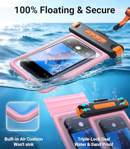 IP68 Bluetooth Shutter Waterproof Phone Pouch Case,Floating,Pink | Hands-Free Photo & Video Underwater Control.Large Waterproof Phone Case Universal Fit for 8.5" Phone(iPhone Samsung Google) - color: Pink