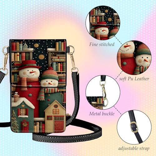 Small Crossbody Bags for Women Touchscreen Cell Phone Bag Cross Body Purses with adjustable Strap,Gifts For Teenage Girls - color: Snowman Art & Bookshelf