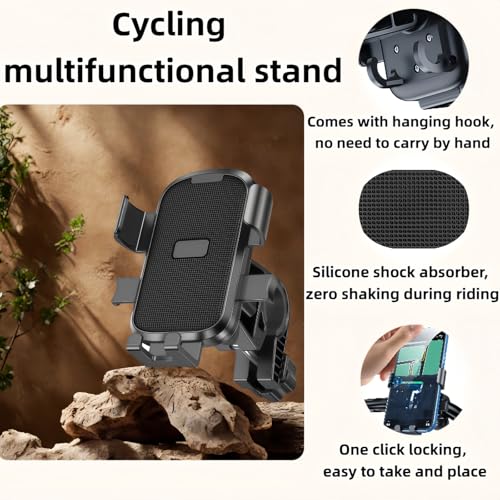 Universal Motorcycle Bike Phone Mount with 360° Rotation, Anti-Shake Silicone Grip, Universal Handlebar Mount 20-32mm, Phone Holder with Storage Hook