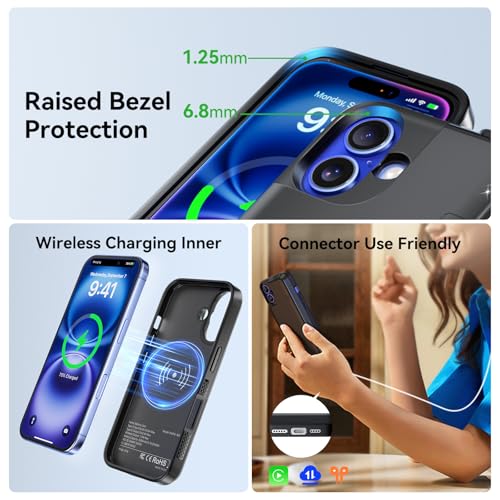 NEWDERY Battery Case for iPhone 16 Plus USB C Portable Charger Case 8000mAh | Portable Protective Power Bank CarPlay, Sync-Data Supported, Rechargeable Charger Case,6.7", Black - size: iPhone 16 Plus-8000mAh
