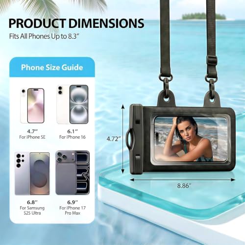Waterproof Phone Pouch for iPhone 17 16 15 Pro Max IPX8 Dual-Hook | Lightweight, Large Cellphone Dry Bag, IPX8 Rated, Beach Essential, Cruise Ship, 1 Pack, 8.3 inch - color: A4-Black-Dual-Hook