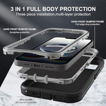 YKHJKLEC for iPhone 16e Case, Military Grade 3 in 1 Heavy Duty Shockproof/Drop Proof/Dust Proof Case with 2Pcs Tempered Glass Screen Protector (Black/Grey) - color: Black/Grey