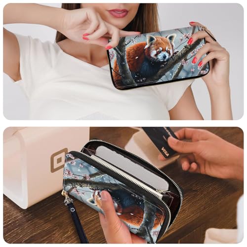Ladies Wallet,Clutch Purses for Women Wallets Leather Credit Card Holder for Women Wristlet Slim Small Cute with Zipper,Thin RFID Blocking with Wrist Strap,Cute Raccoon Tree - color: Cute Raccoon Tree