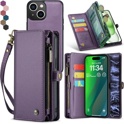 Compatible with iPhone 15 Plus Wallet Case with Magsafe,Purple | Magnetic Detachable Case,Card Holder,Zipper Pocket,Strap Wristlet, Soft Leather Drop-Proof Phone Case for iPhone 15 Plus 6.7" - color: Purple, size: iPhone 15 Plus 6.7"