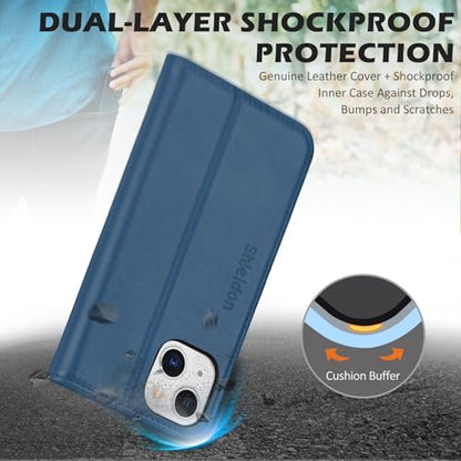 SHIELDON Genuine Leather Wallet Case for iPhone 13 6.1" 2021, Royal Blue | RFID Blocking, Credit Card Holder, Magnetic Closure, Kickstand, Folio Design, Shockproof Phone Cover - color: Royal Blue
