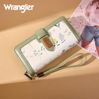 X Wrangler Women's Wallets Bifold Wristlet Wallets for Women Large Capacity Credit Card Wallet with ID Window - color: Floral-light Green