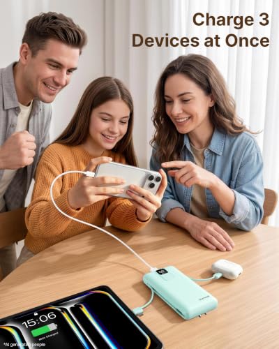 charmast 20000mAh Portable Charger with Built-in Cables and AC Wall Plug - color: cyan
