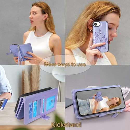 Case Wallet Compatible with iPhone 16e/17e, [12 Card Slots] ID Credit Cash Holder Zipper Pocket Detachable Leather Wallet Cover with Wrist Strap Lanyard（Floral Light Purple） - color: Floral Light Purple