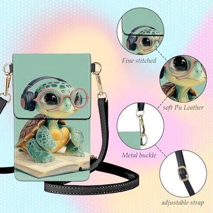 Small Crossbody Bags for Women Touchscreen Cell Phone Bag Cross Body Purses with adjustable Strap,Gifts For Teenage Girls-Cute Turtle on Book