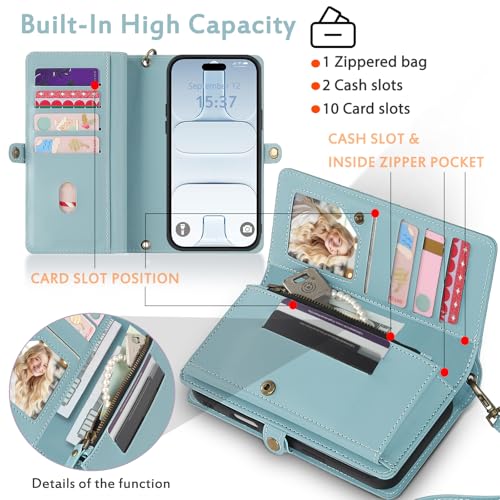 for Wallet Case Compatible with iPhone 17 Air,Multi-Function Detachable 2 in 1 Magnetic iPhone 17 Air Case Wallet,Flip Strap Zipper Card Holder Phone Case with Shoulder Straps (Blue) - color: Blue, size: iPhone 17Air