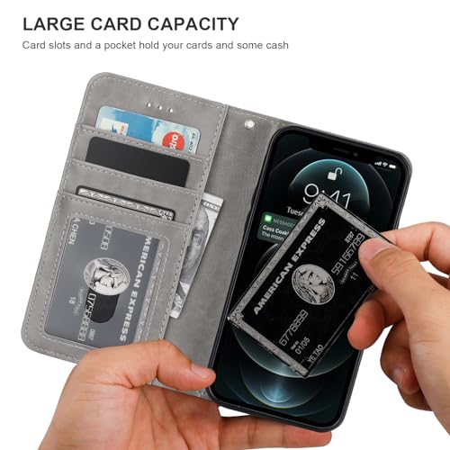 Bocasal Detachable Wallet Case Card Holder for iPhone 12/12 Pro, Grey | Kickstand Card Slots Holder PU Leather Magnetic Shockproof Wrist Strap Removable Flip Protective Cover 6.1 inch - color: Gray