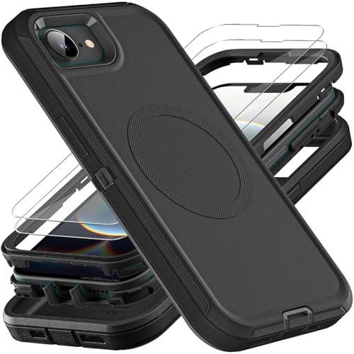 YKHJKLEC for iPhone 16e Case, Compatible with Magsafe, Military Grade 3 in 1 Heavy Duty Shockproof/Drop Proof/Dust Proof Case with 2Pcs Tempered Glass Screen Protector (New-Black/Black) - color: New-Black/Black