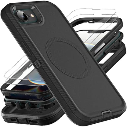 YKHJKLEC for iPhone 16e Case, Compatible with Magsafe, Military Grade 3 in 1 Heavy Duty Shockproof/Drop Proof/Dust Proof Case with 2Pcs Tempered Glass Screen Protector (New-Black/Black) - color: New-Black/Black
