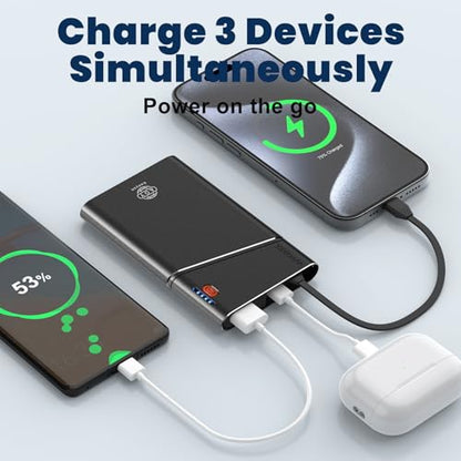 Aaoyun Portable Charger Power Bank, 10000mAh 22.5W PD Fast Charging Powerbank with Built-in USB C Cable, Slim External Phone Battery Pack for iPhone 17/16/15 Samsung S24 Android etc (Black) - color: Black