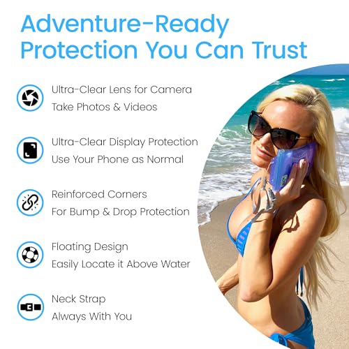 AquaVault Floating Waterproof Phone Pouch Case Universal for iPhone Android | Blue. Floats and keeps phones and cash dry. Heavy-duty PVC, drop protection, adjustable neck strap. Fits any phone size. - color: Blue