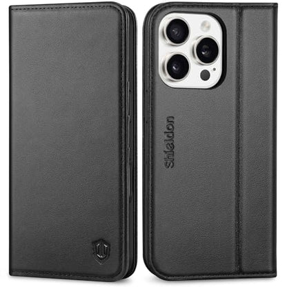 SHIELDON Genuine Leather Wallet Case for iPhone 16 Pro 6.3" 2024, Black | Flip Magnetic Cover, Kickstand, RFID Blocking, 3 Credit Card Holder, Book Design, Shockproof, Soft Inner Phone Case - color: Black